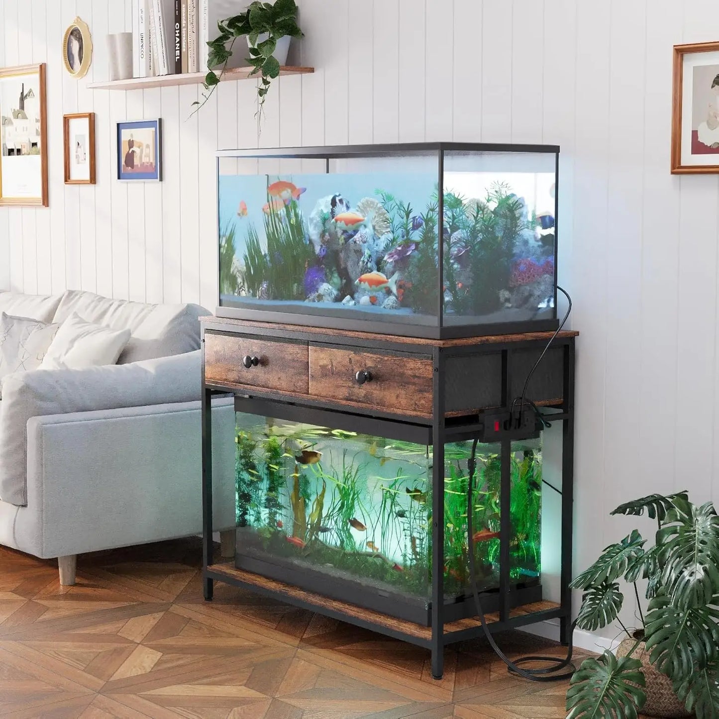 Aquarium Stand With Power Outlet And Metal Frame Cabinet Storage