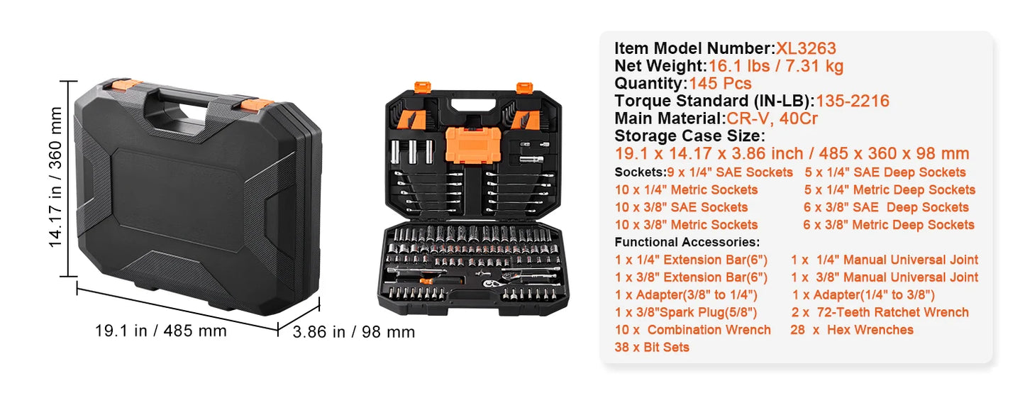 SucceBuy Mechanics Tool Set Deep And Standard Sockets 145 205 Pcs SAE Metric