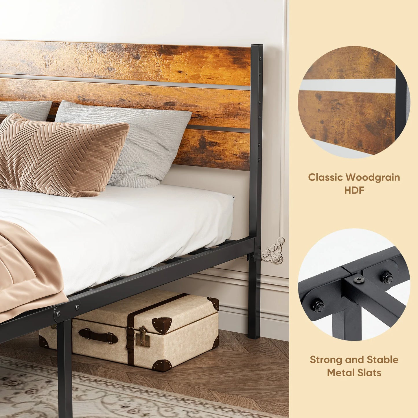 MCQ Wooden Headboard Platform Bed Frame With Metal Slats