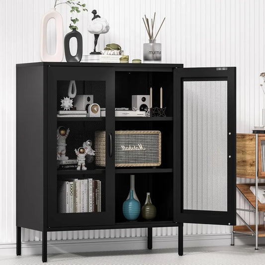 Black Metal Storage Cabinet With Mesh Doors And Adjustable Shelves