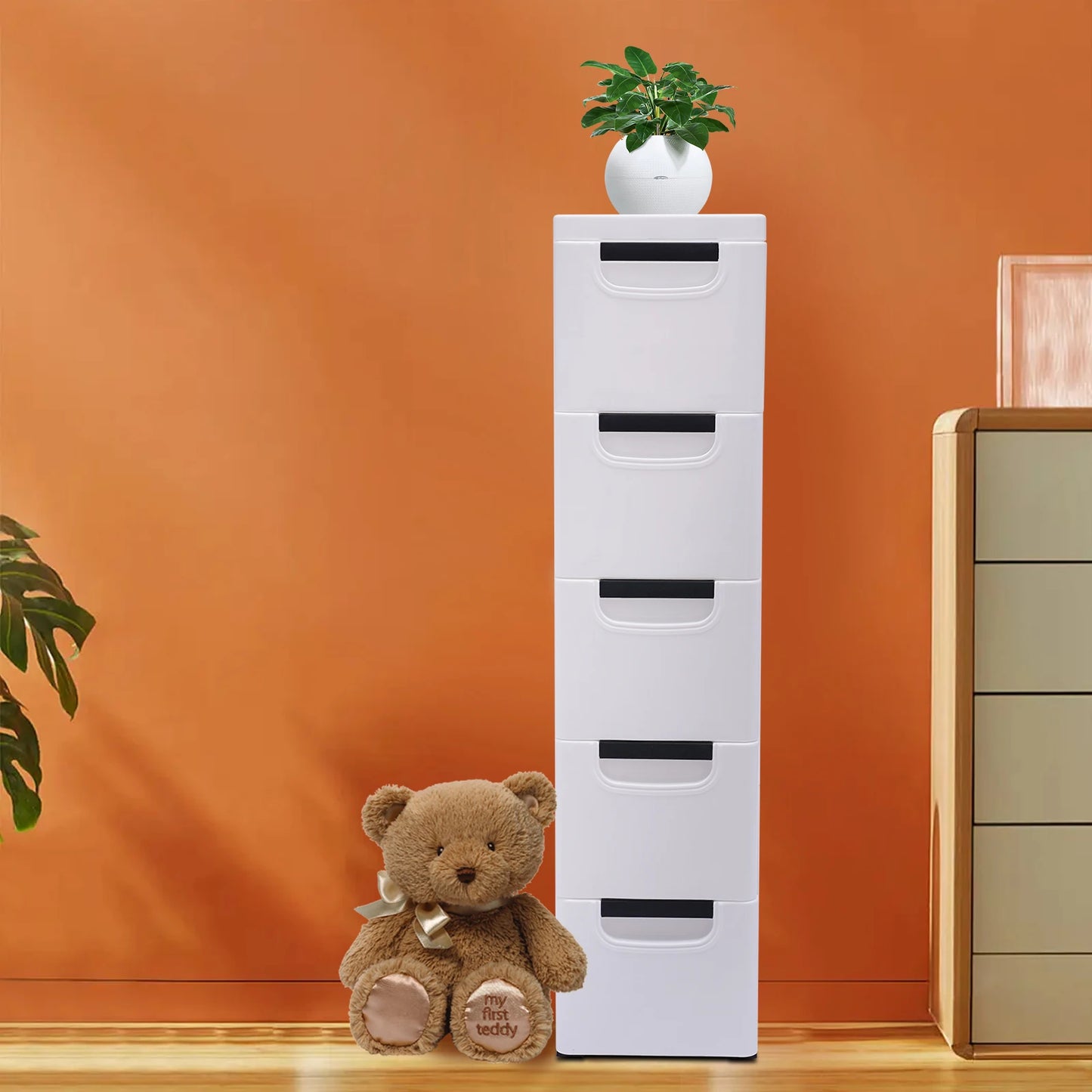 Large Capacity Storage Cabinet with 5 Compartmentalized Design Drawers, Organized Storage Cabinet , Flexible Movement