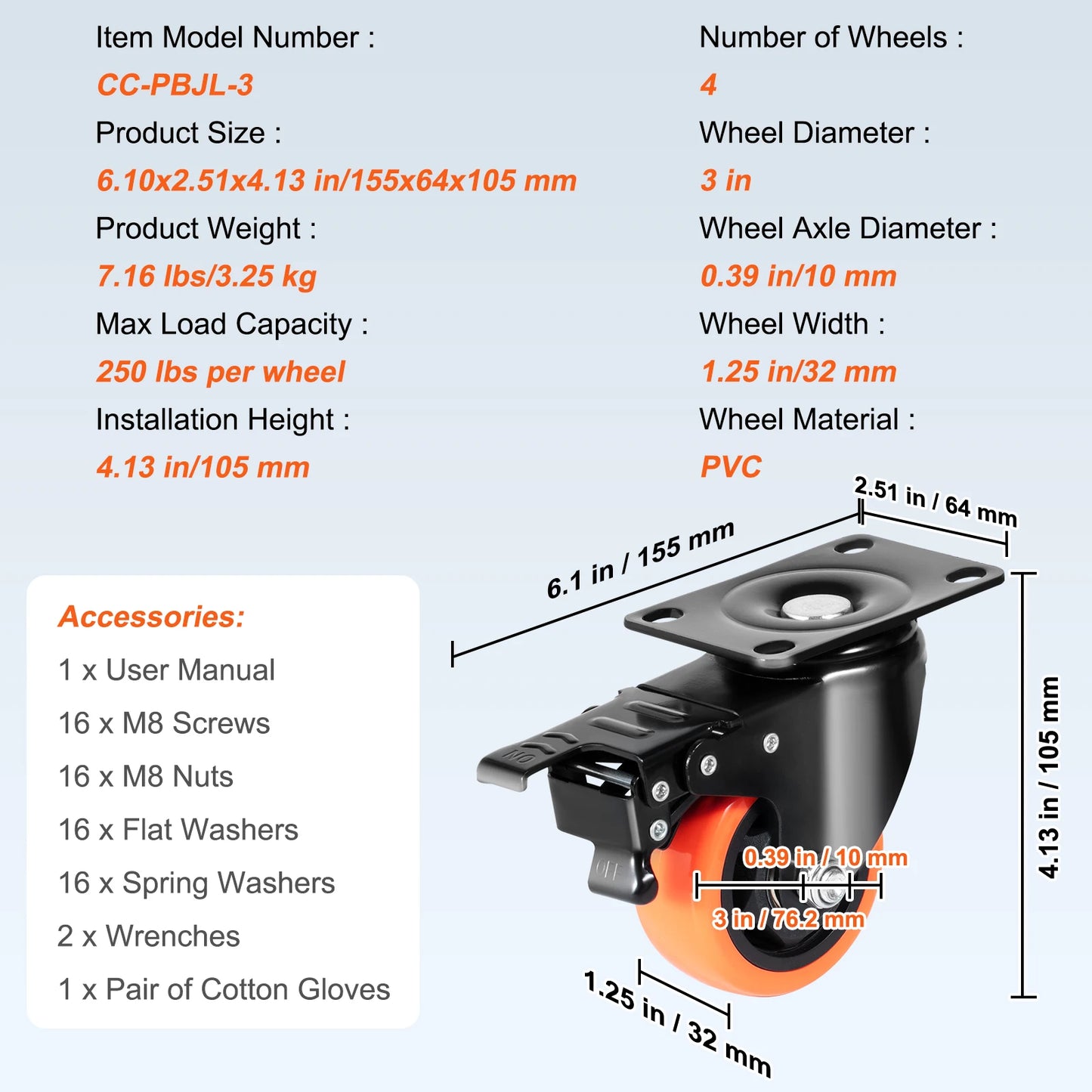 SucceBuy PVC Furniture Caster Wheels Set Of Four Swivel Casters