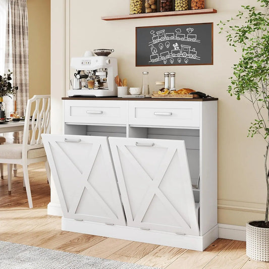 Double Tilt Out Trash Can Cabinet With Hidden Storage Drawers