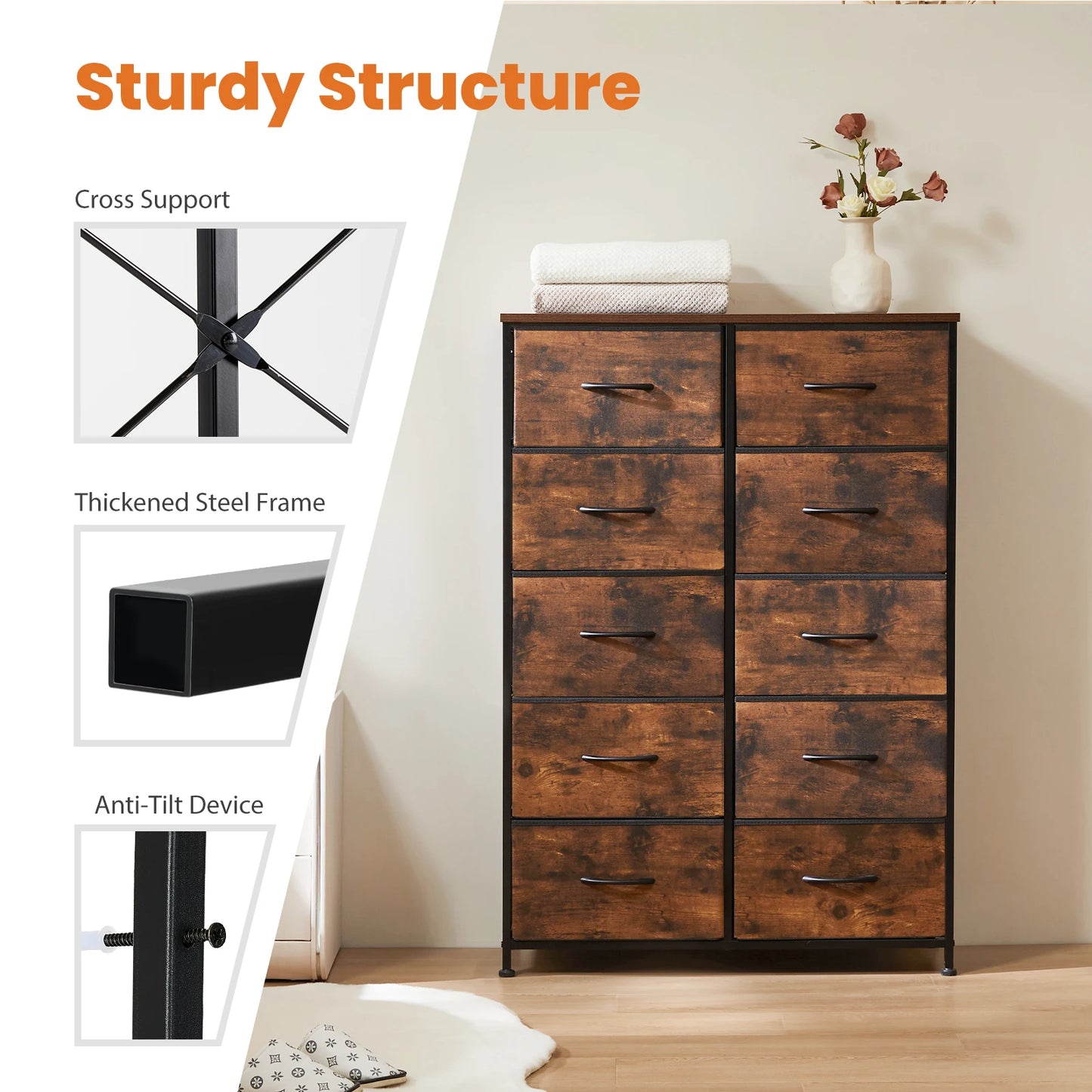 JHK Bedside Table With Fabric Drawers And Metal Frame Wardrobe