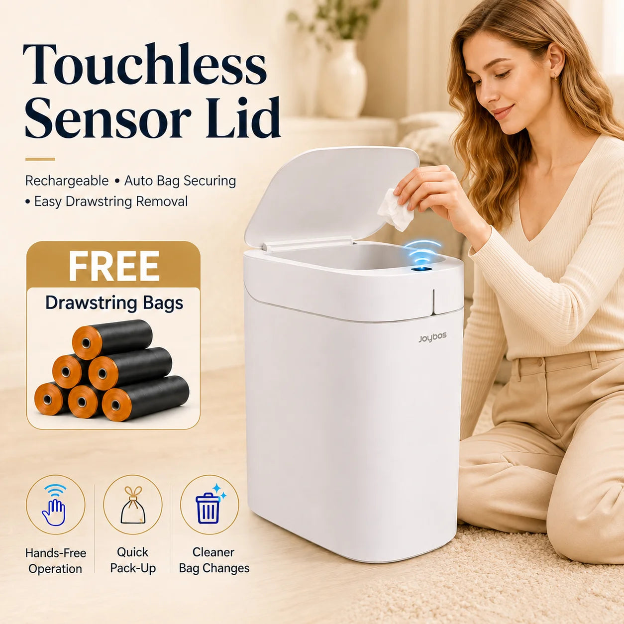 Joybos Auto-Lining Touchless Trash Can With Free Drawstring Bags