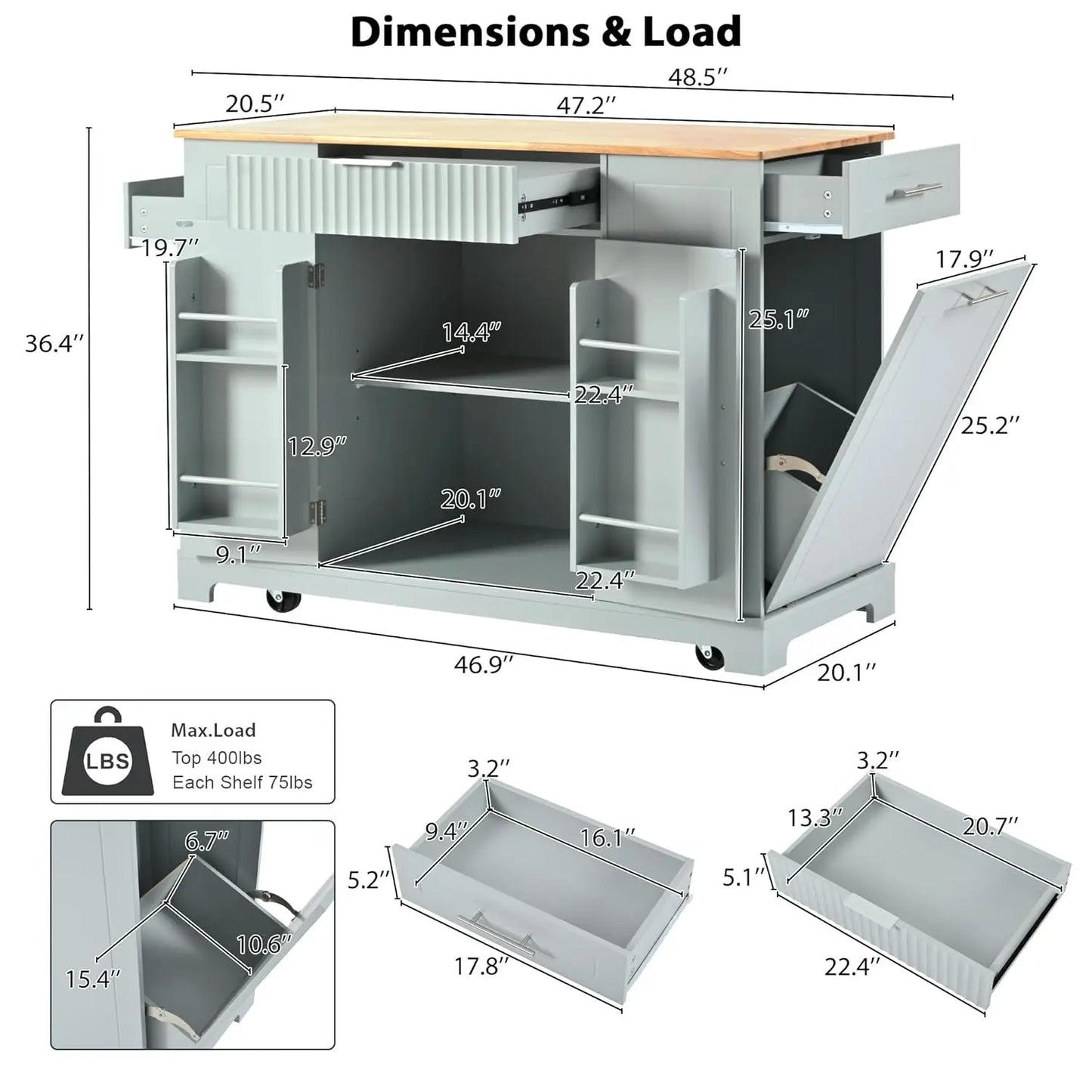 Fluted Rolling Kitchen Island With Power Outlet And Drop Leaf