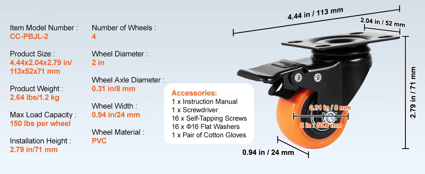 SucceBuy PVC Furniture Caster Wheels Set Of Four Swivel Casters