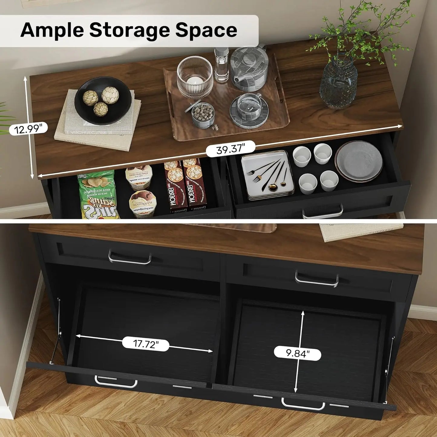 Double Tilt Out Trash Can Cabinet With Hidden Storage Drawers