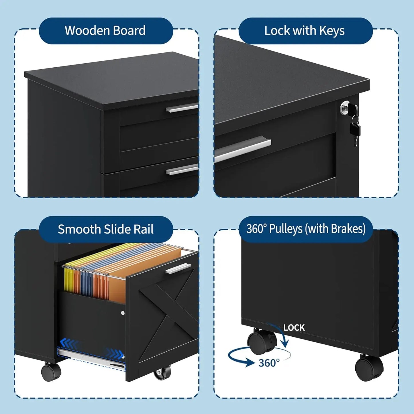 HiMISS 3-Drawer Rolling File Cabinet With Lock For Office