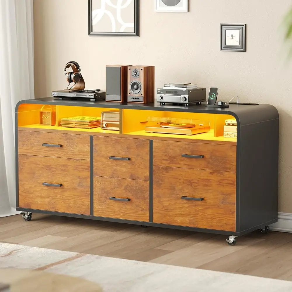 Wood Mobile Lateral File Cabinet With 6 Drawers LED Lighting