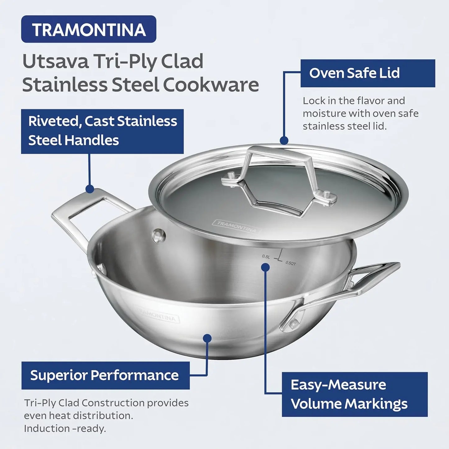Premium Stainless Steel Kadai With Lid For Even Heating