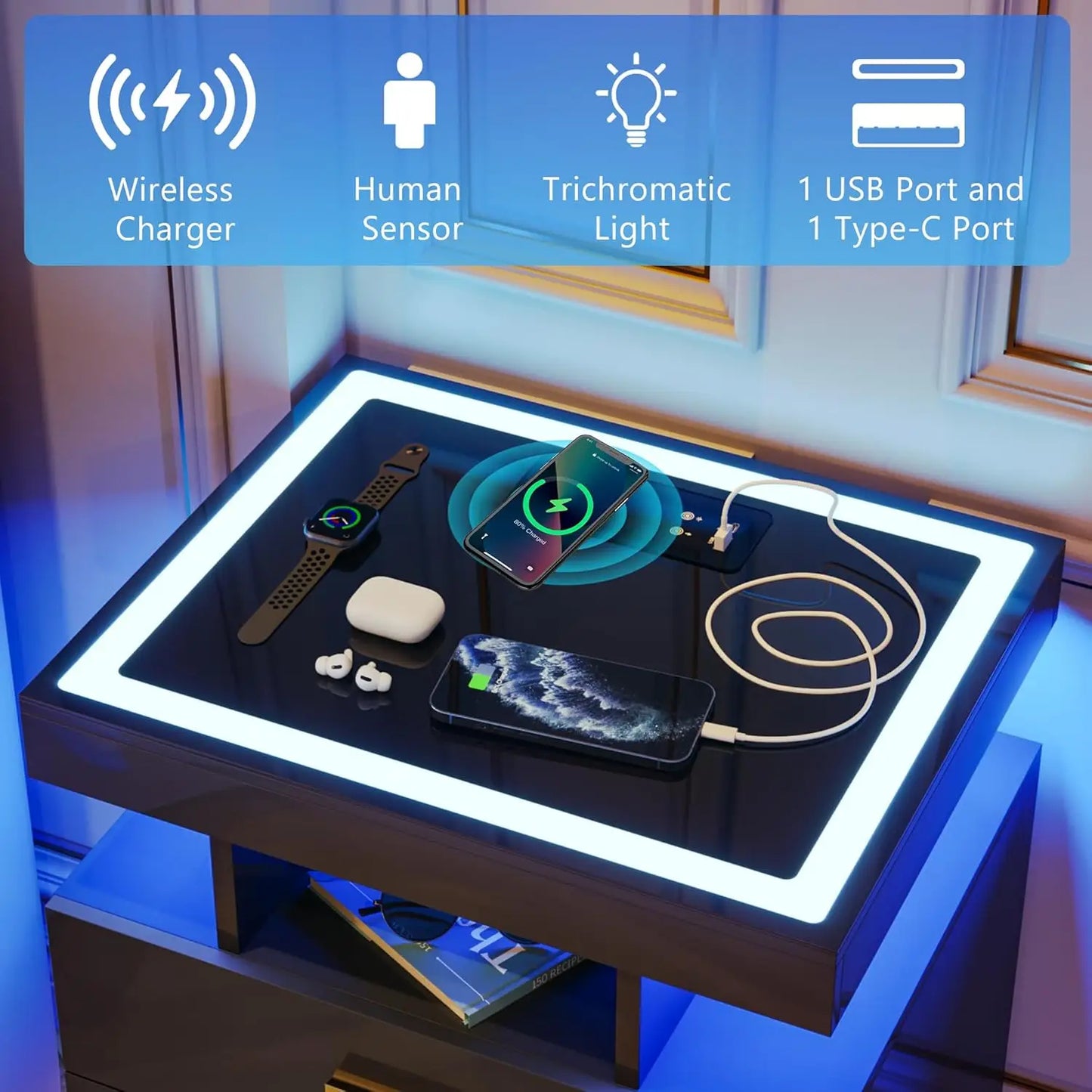 Nightstands Set With Wireless Charging Auto Sensor Led End Tables