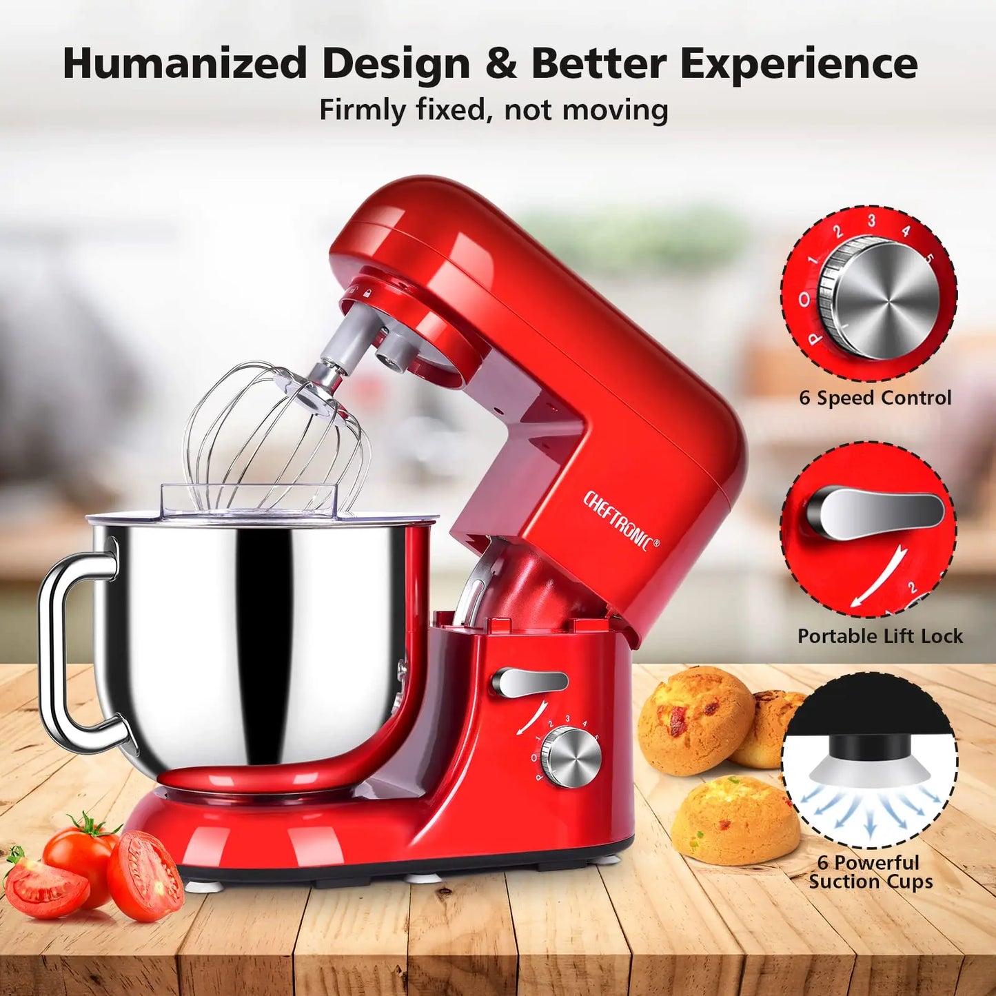Cheftronic Tilt Head Stand Mixer Six Speed 650W Milk Frother