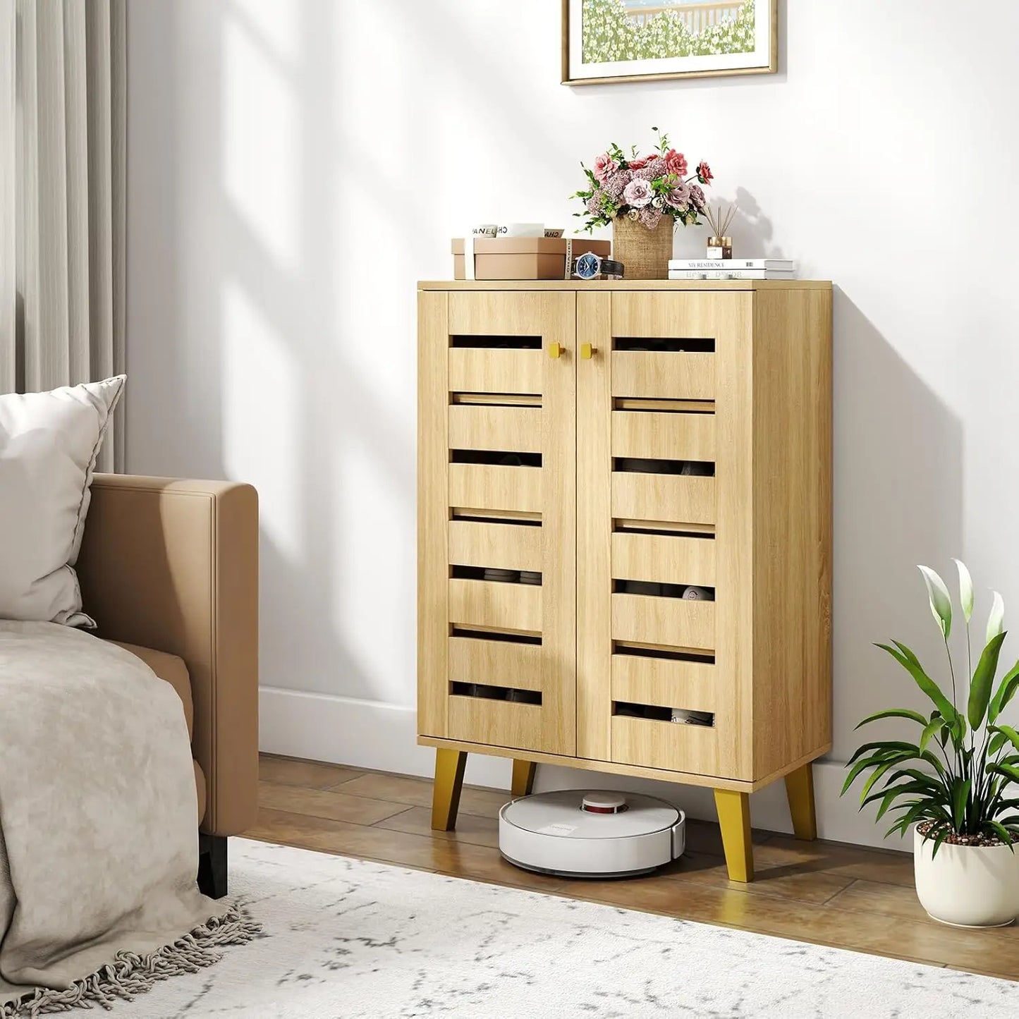 Shoe Cabinet With Doors Freestanding Shoe Rack Ventilated Slatted Shelves