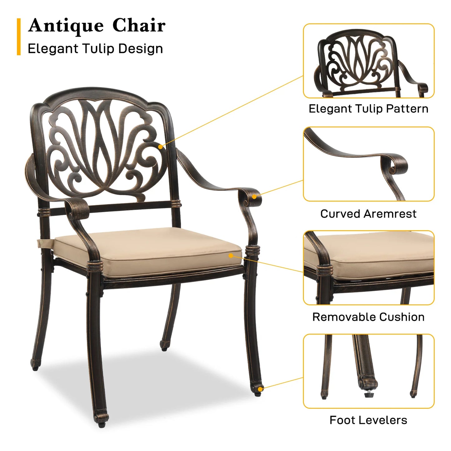 Cast Aluminum Patio Dining Chairs With Cushions Stackable Outdoor Bistro