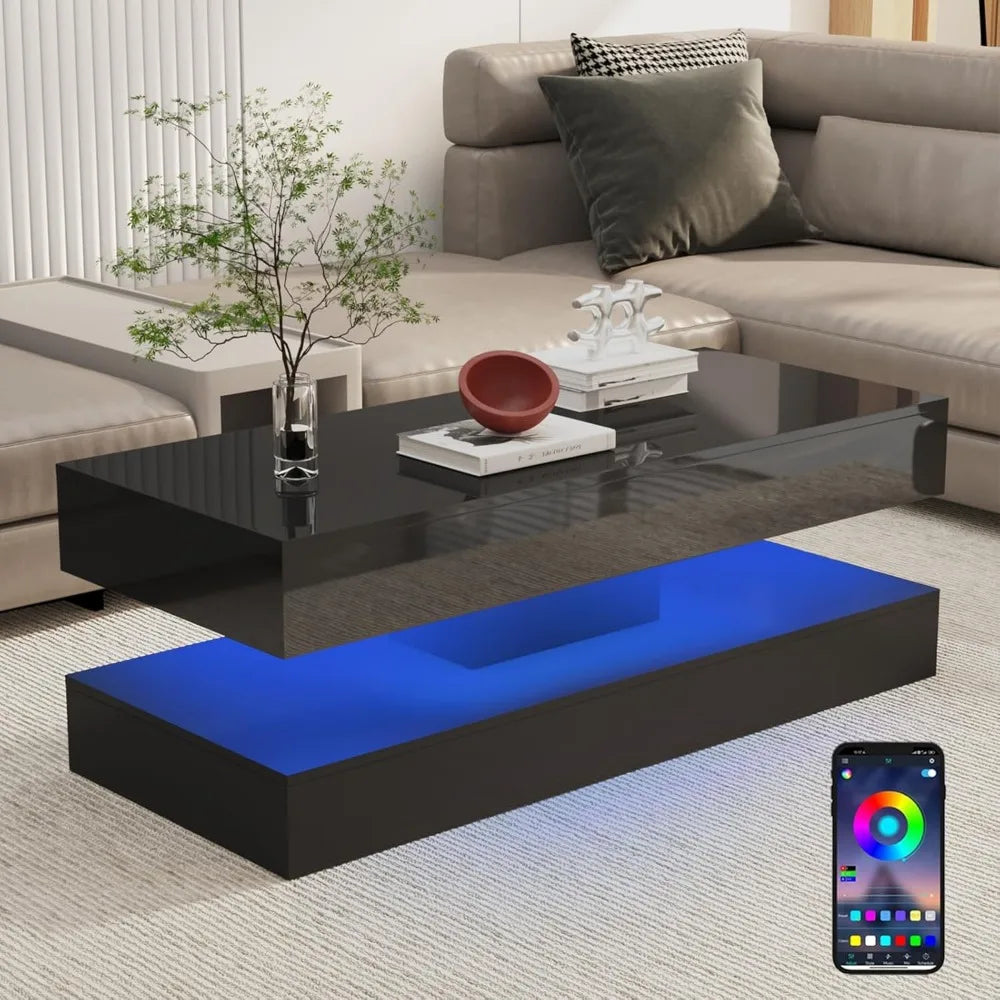 Glossy Modern LED Coffee Table With Two Storage Drawers