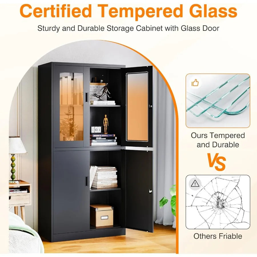 Lockable Metal Storage Cabinet With Glass Doors For Office Use