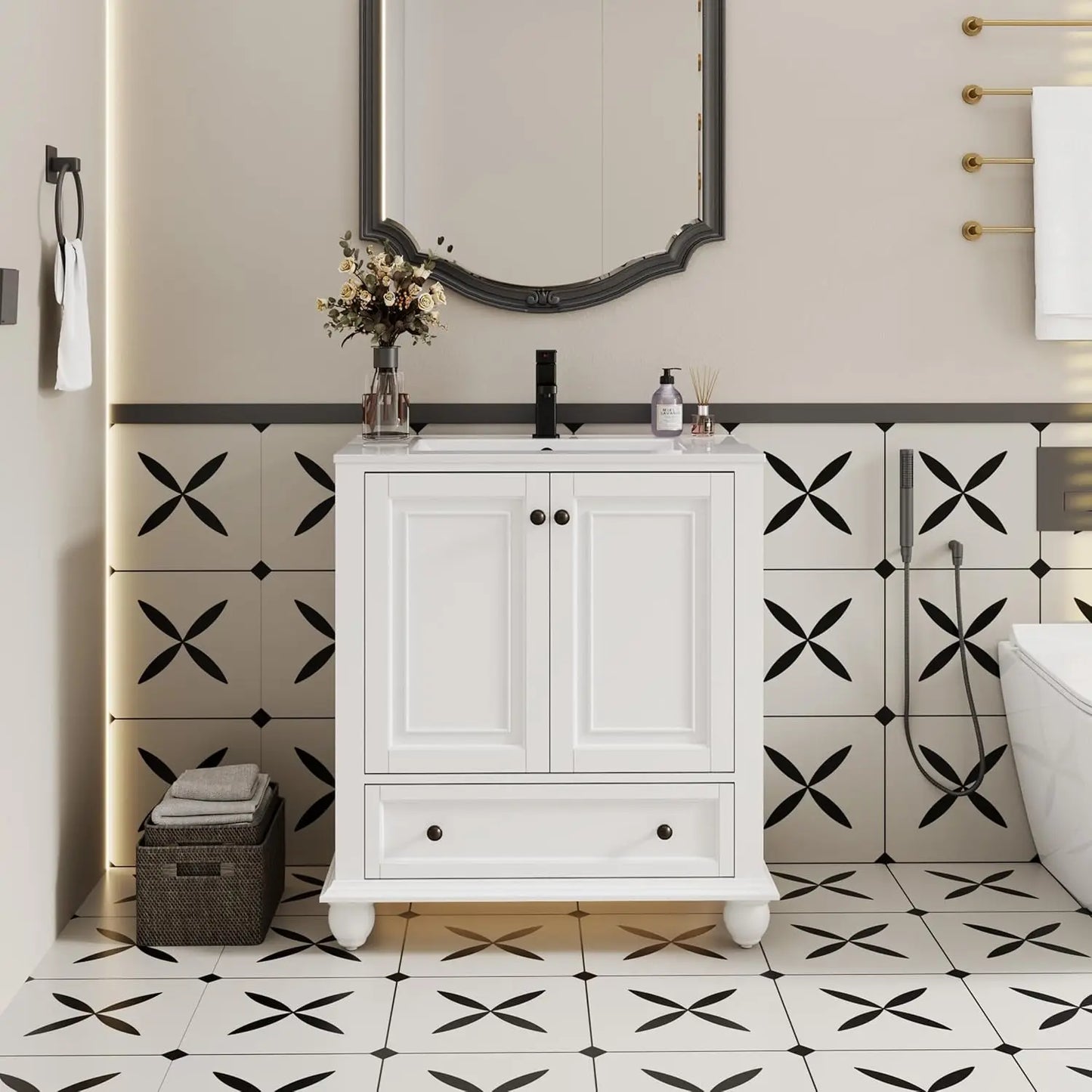 Bathroom Vanity And Sink Combo With Retro Painted Cabinet Matte Faucet