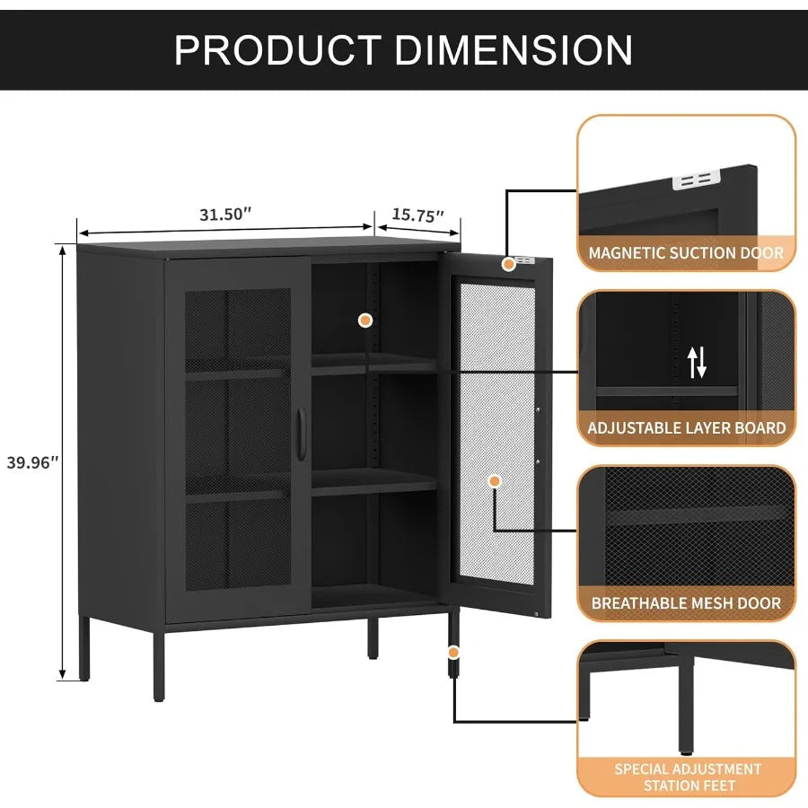 Black Metal Storage Cabinet With Mesh Doors And Adjustable Shelves