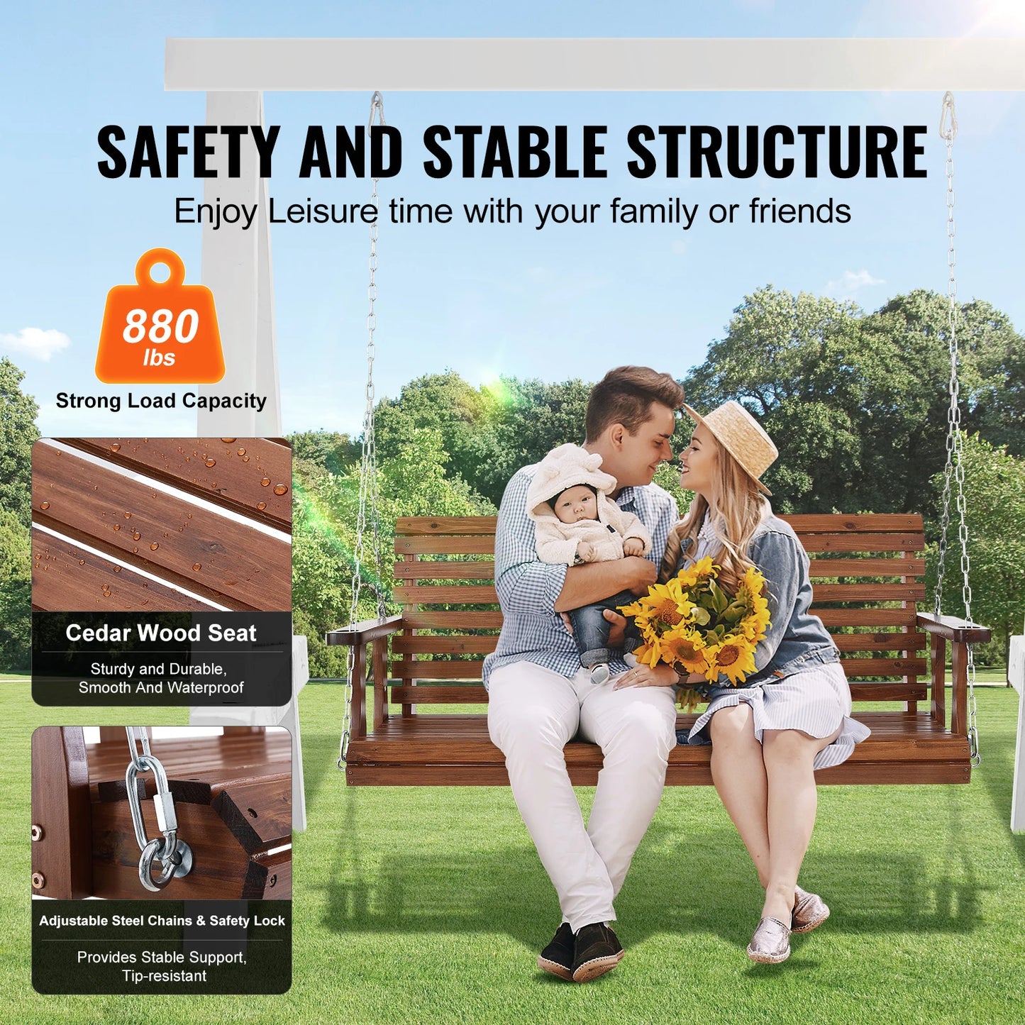 SucceBuy Wooden Porch Swing Outdoor Patio Bench Garden Seat