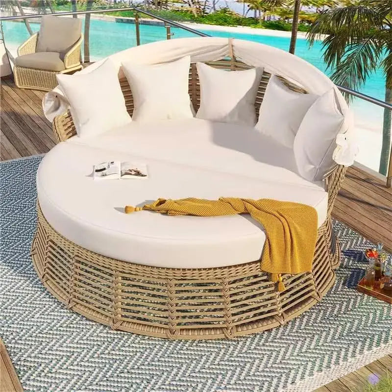 Outdoor Patio Rattan Round Daybed With Retractable Canopy