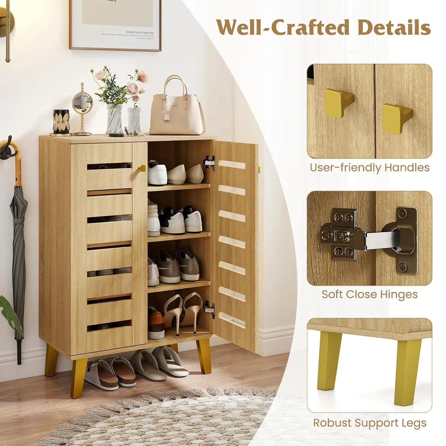 Shoe Cabinet With Doors Freestanding Shoe Rack Ventilated Slatted Shelves