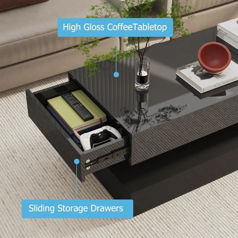 Glossy Modern LED Coffee Table With Two Storage Drawers
