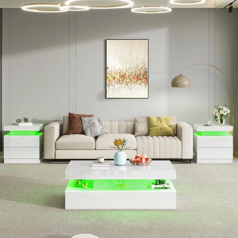 Modern LED Illuminated Living Room Table Set With Charging Station