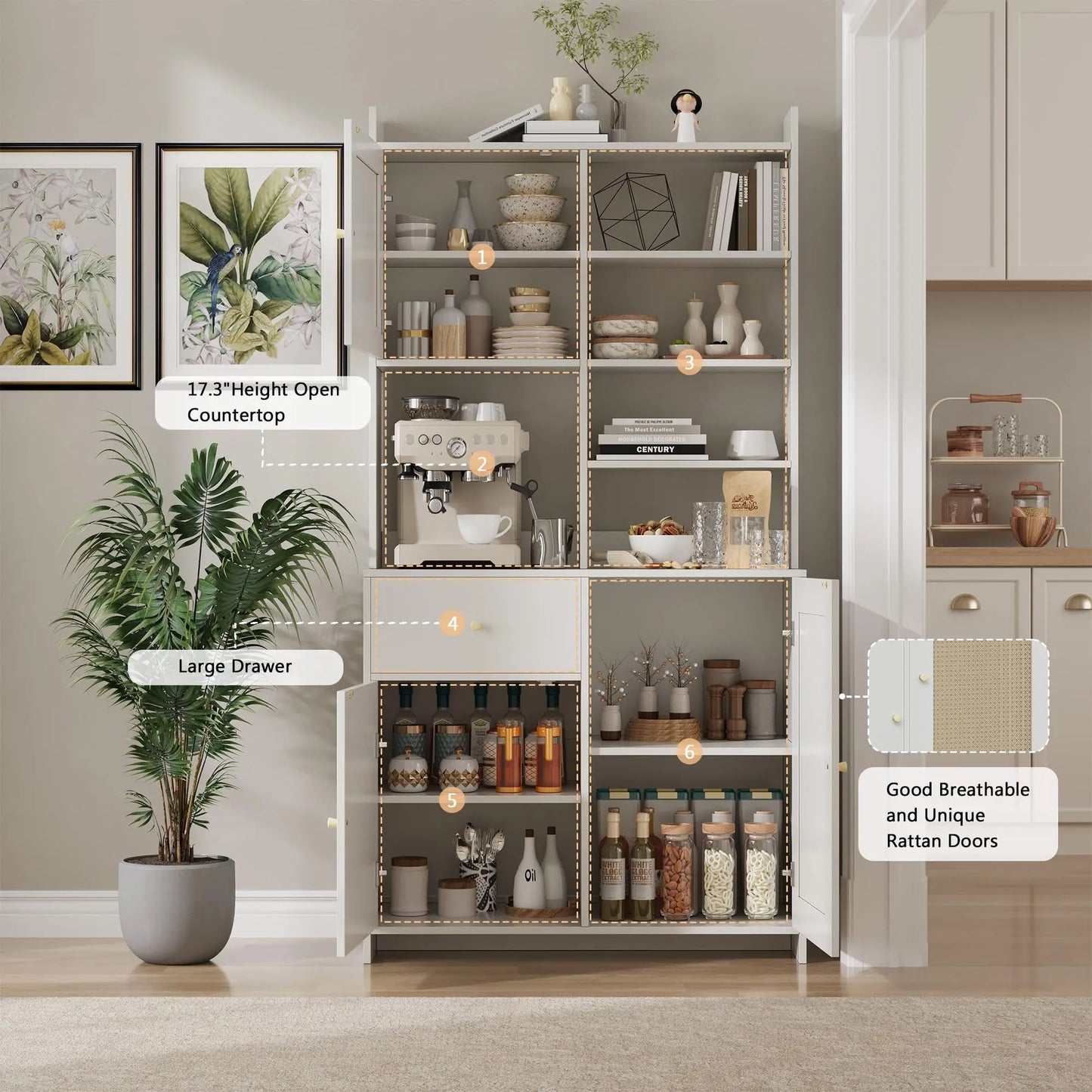 71in Kitchen Pantry Cabinet With Microwave Stand Adjustable Shelves Tall Storage Cabinet For Dining Room Living Room