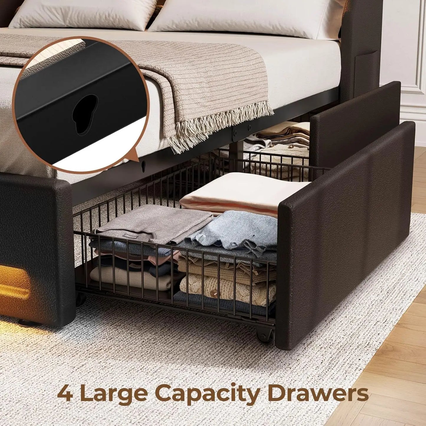 Queen Bed Frame With LED Lights And Charging Station