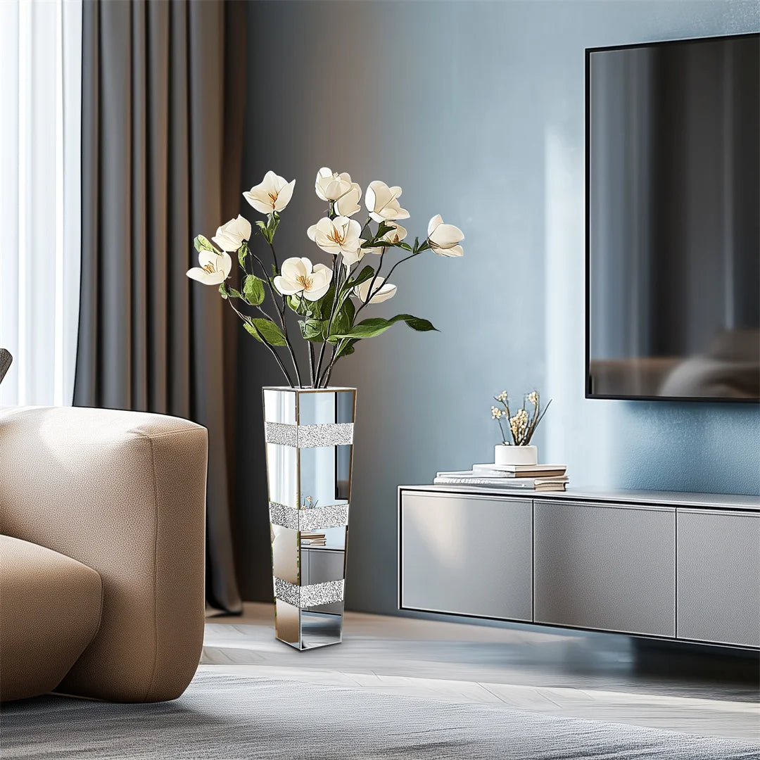 Modern Floor Vase With Crystal Glass Standing Mirrored Flower Display