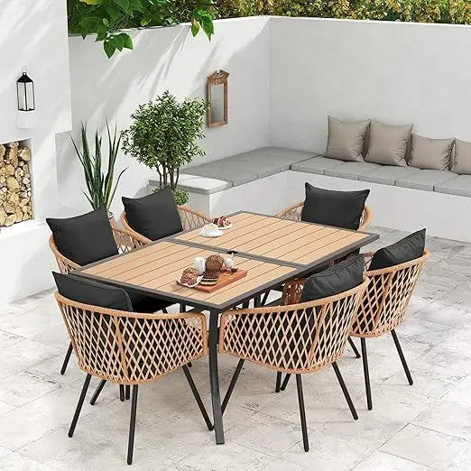 All-Weather Rattan Patio Dining Set With Wood Table And Umbrella Hole