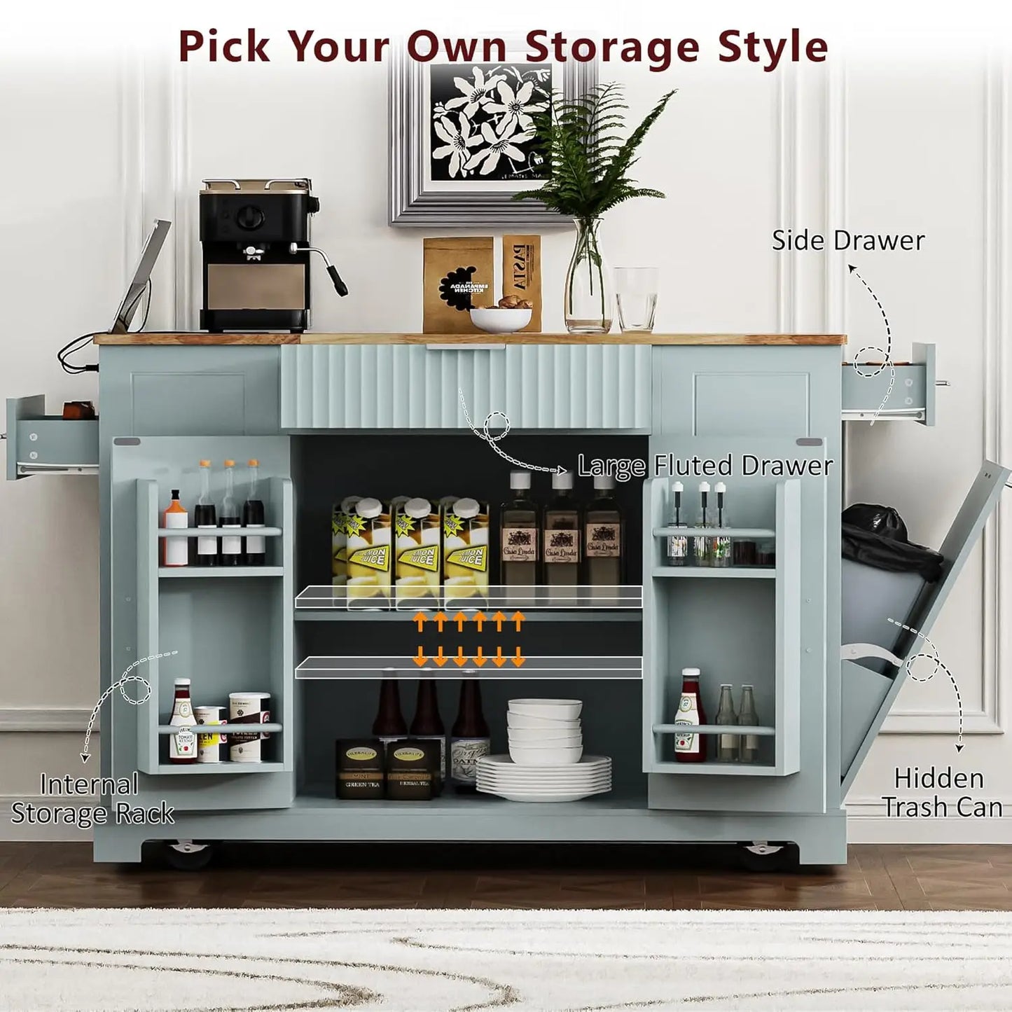 Fluted Rolling Kitchen Island With Power Outlet And Drop Leaf