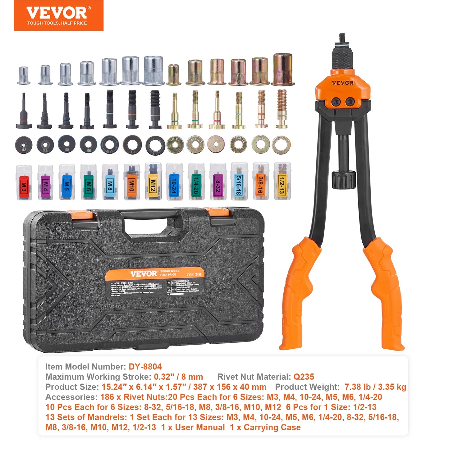SucceBuy Rivet Nut Tool Kit With 186 Nuts And 13 Piece Mandrels