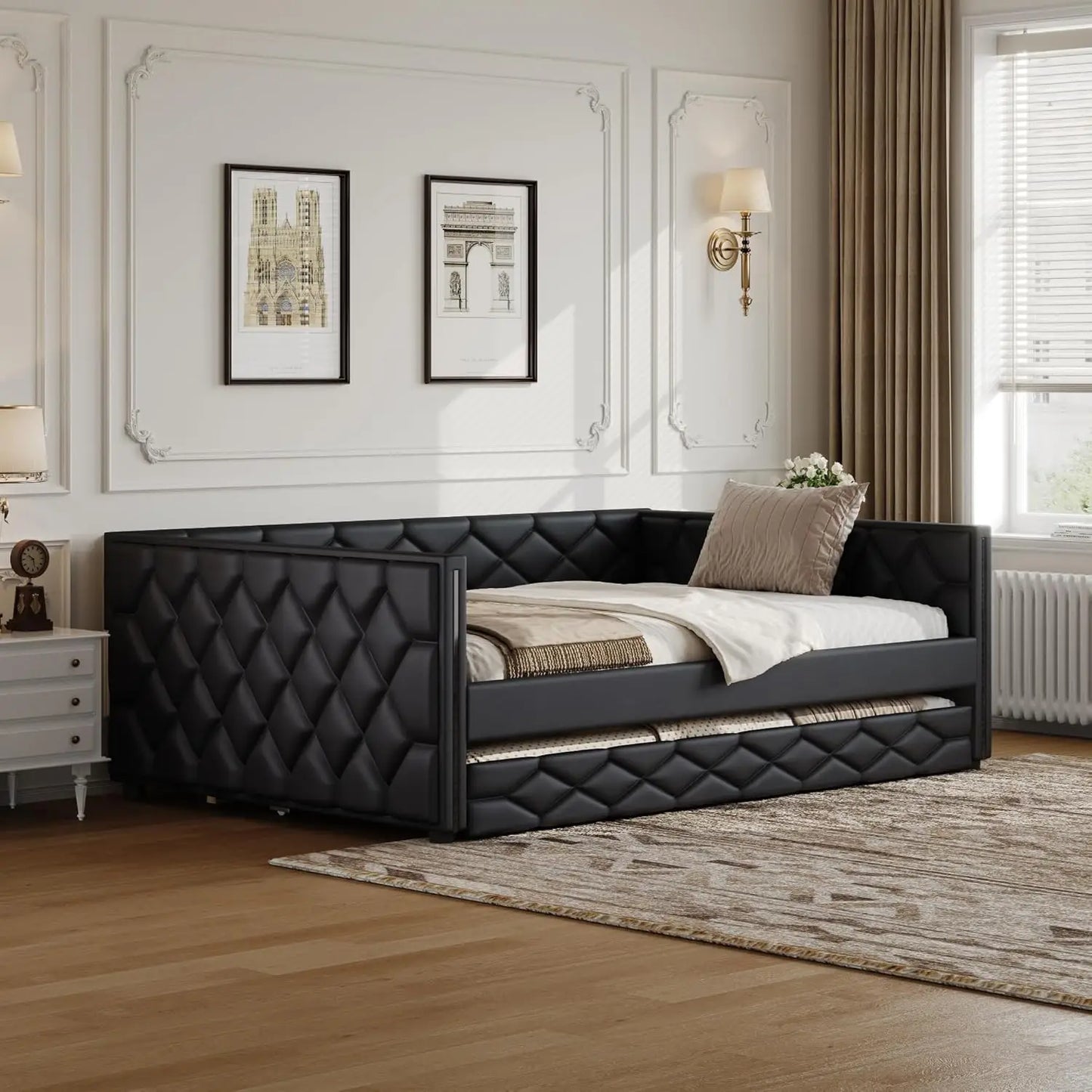 PU Upholstered Daybed With Trundle LED Sofa Bed Frame
