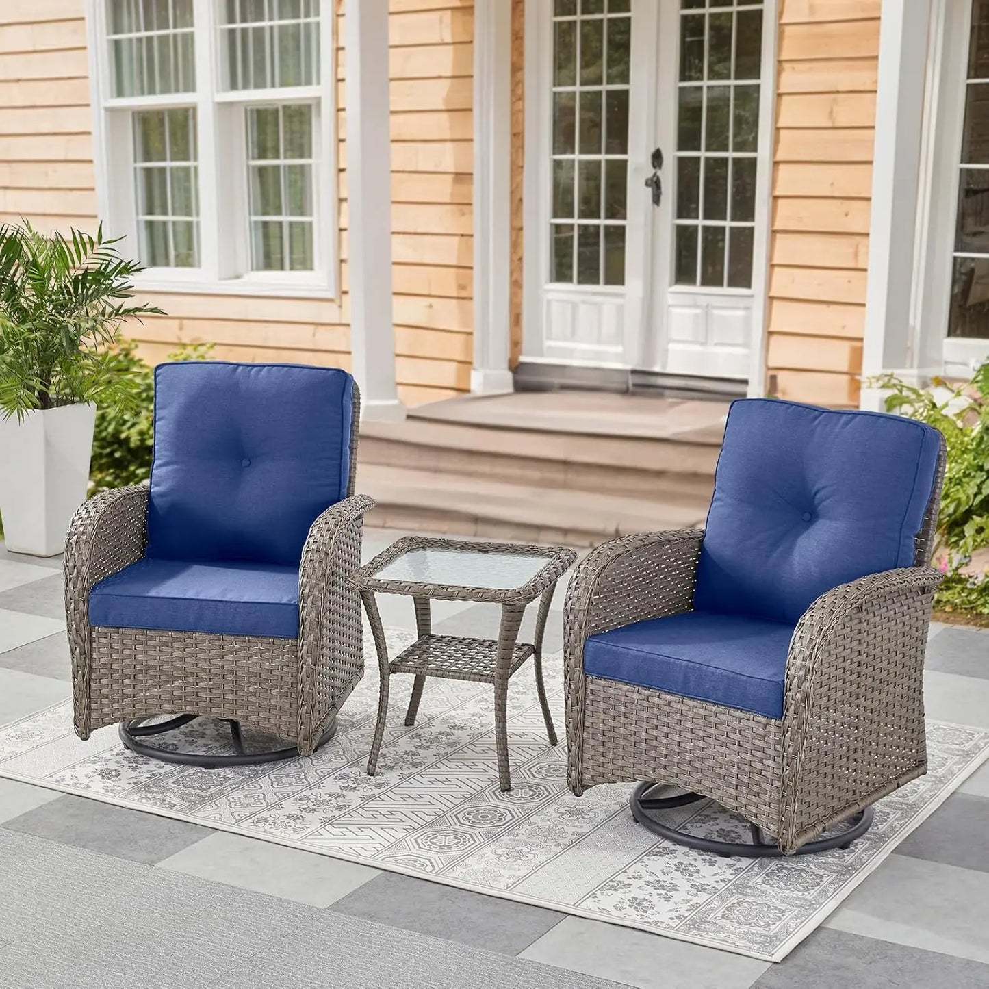 Wooden Outdoor Wicker Patio Swivel Rocker Glider Chairs Set With Side Table