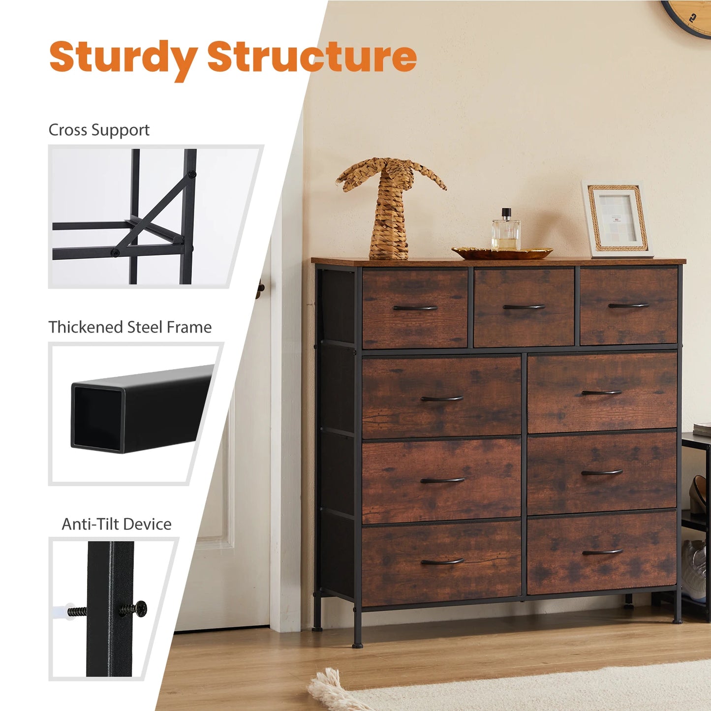 JHK Dresser With Nine Fabric Storage Drawers For Bedroom