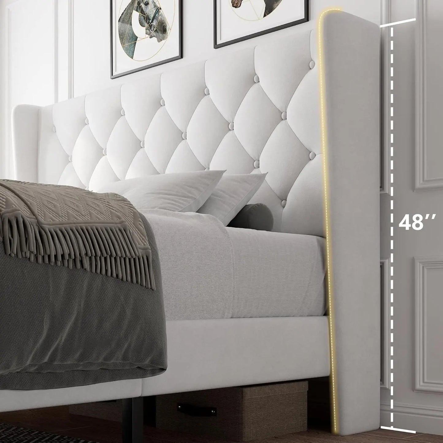 Queen Velvet Platform Bed With Button Tufted Upholstery And Wood Slats