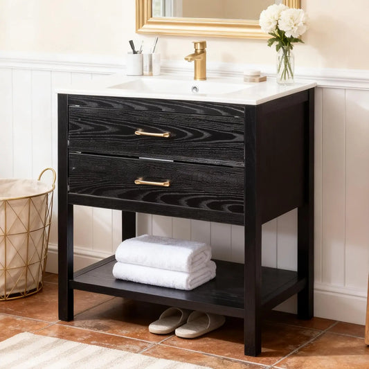 Farmhouse Freestanding Bathroom Vanity With Sink And Open Shelf