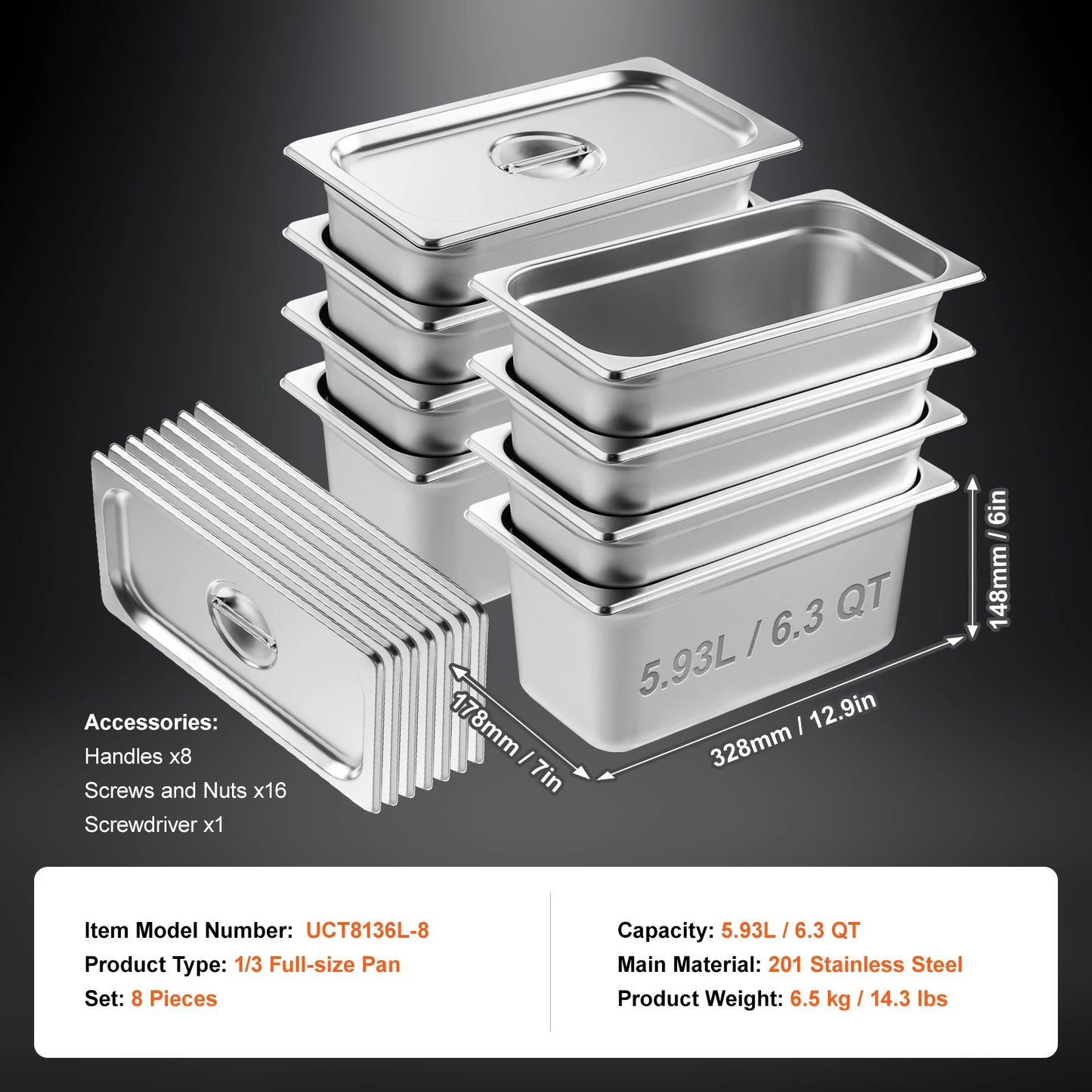VEVOR Stainless Steel Steam Table Pan 2.6 Qt Catering Pan