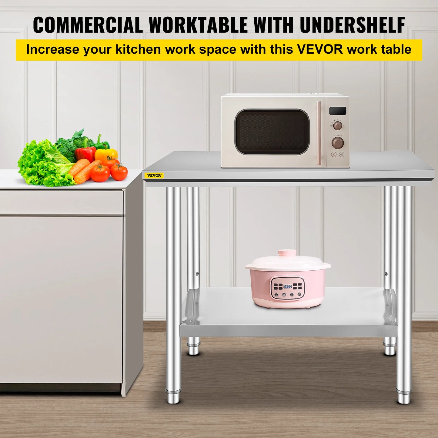 VEVOR Commercial Stainless Steel Kitchen Work Bench With Undershelf