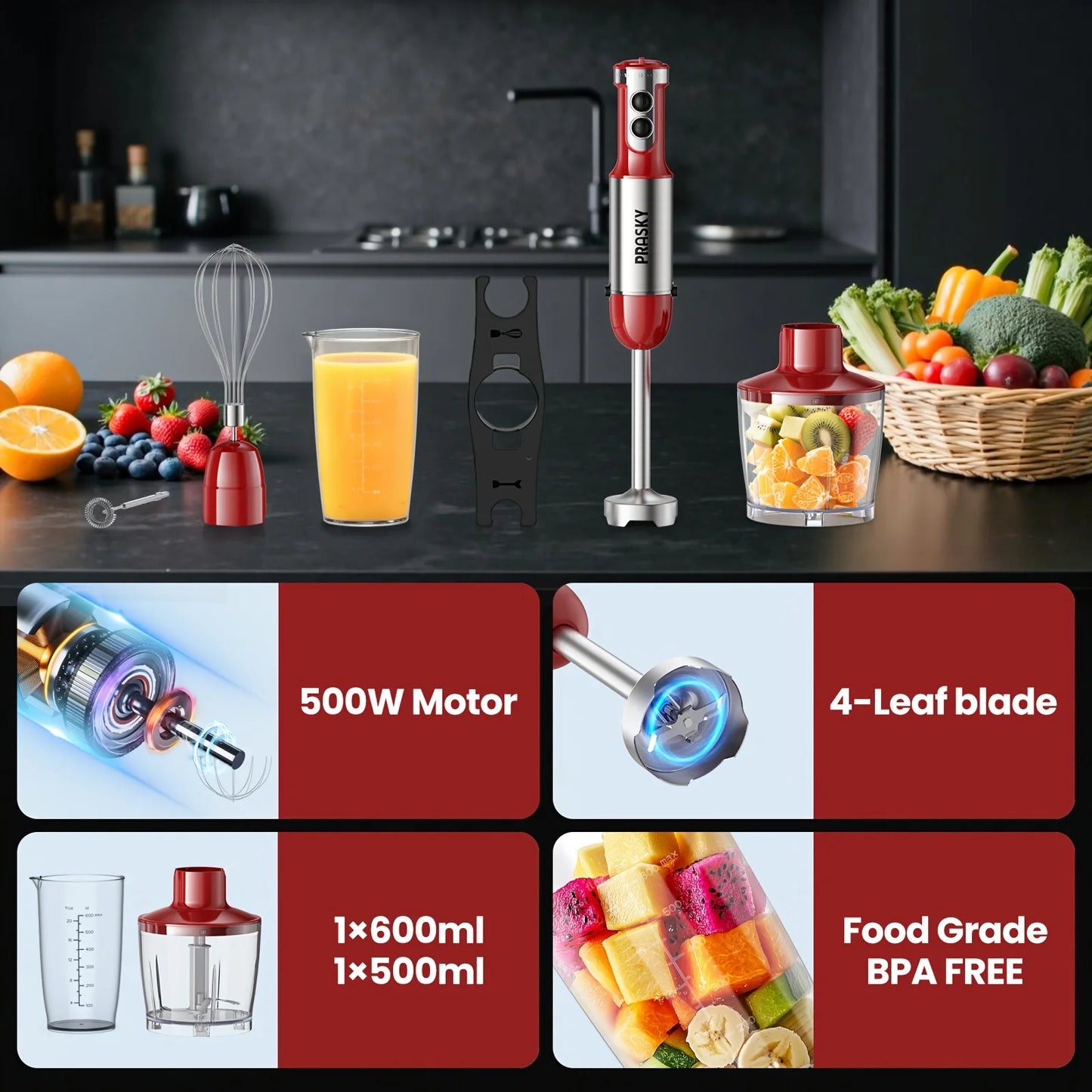 Prasky 5-In-1 Handheld Immersion Blender With Whisk And Meat Chopper