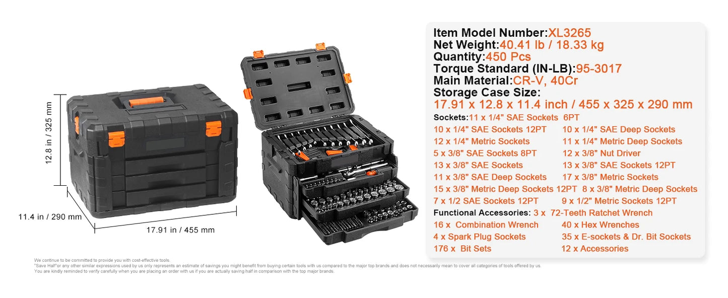 SucceBuy 450-Piece Mechanics Tool Set And Socket Kit SAE And Metric