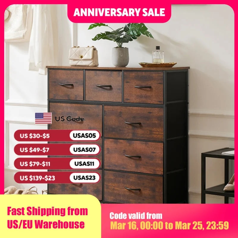 JHK Dresser With Nine Fabric Storage Drawers For Bedroom