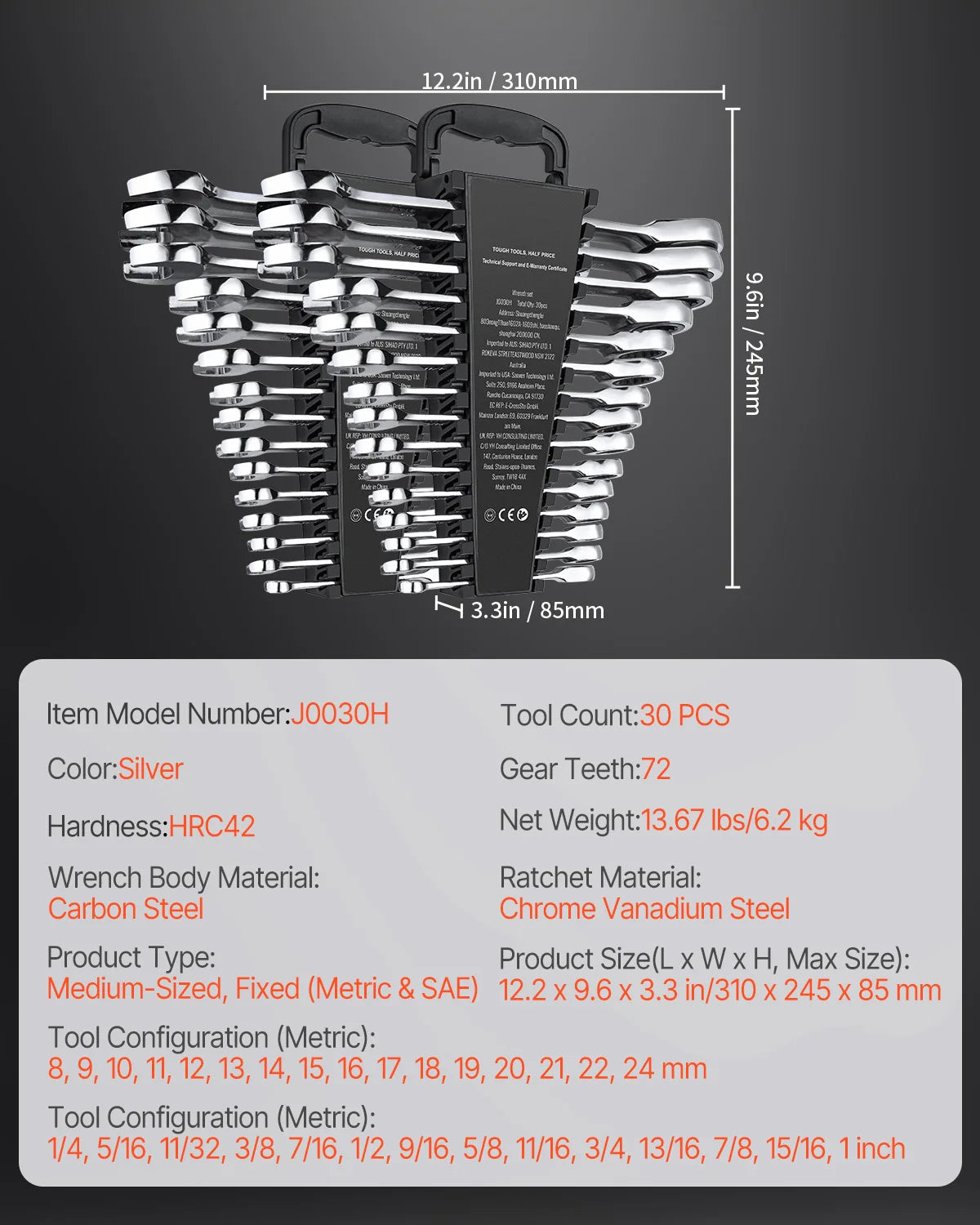 SucceBuy 24/30-Piece Ratcheting Wrench Set With Organizer Cr-V SAE Metric