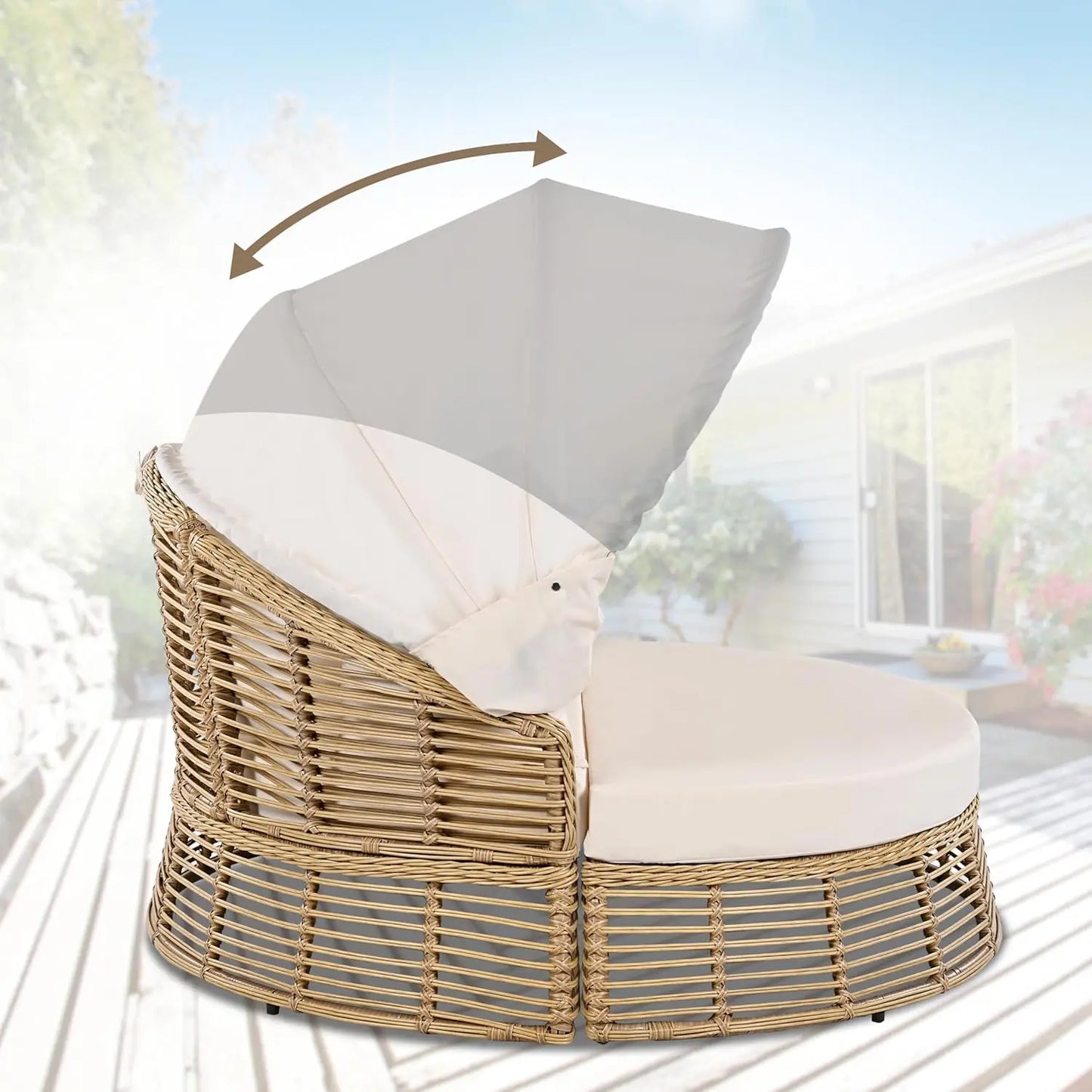 Outdoor Patio Rattan Round Daybed With Retractable Canopy