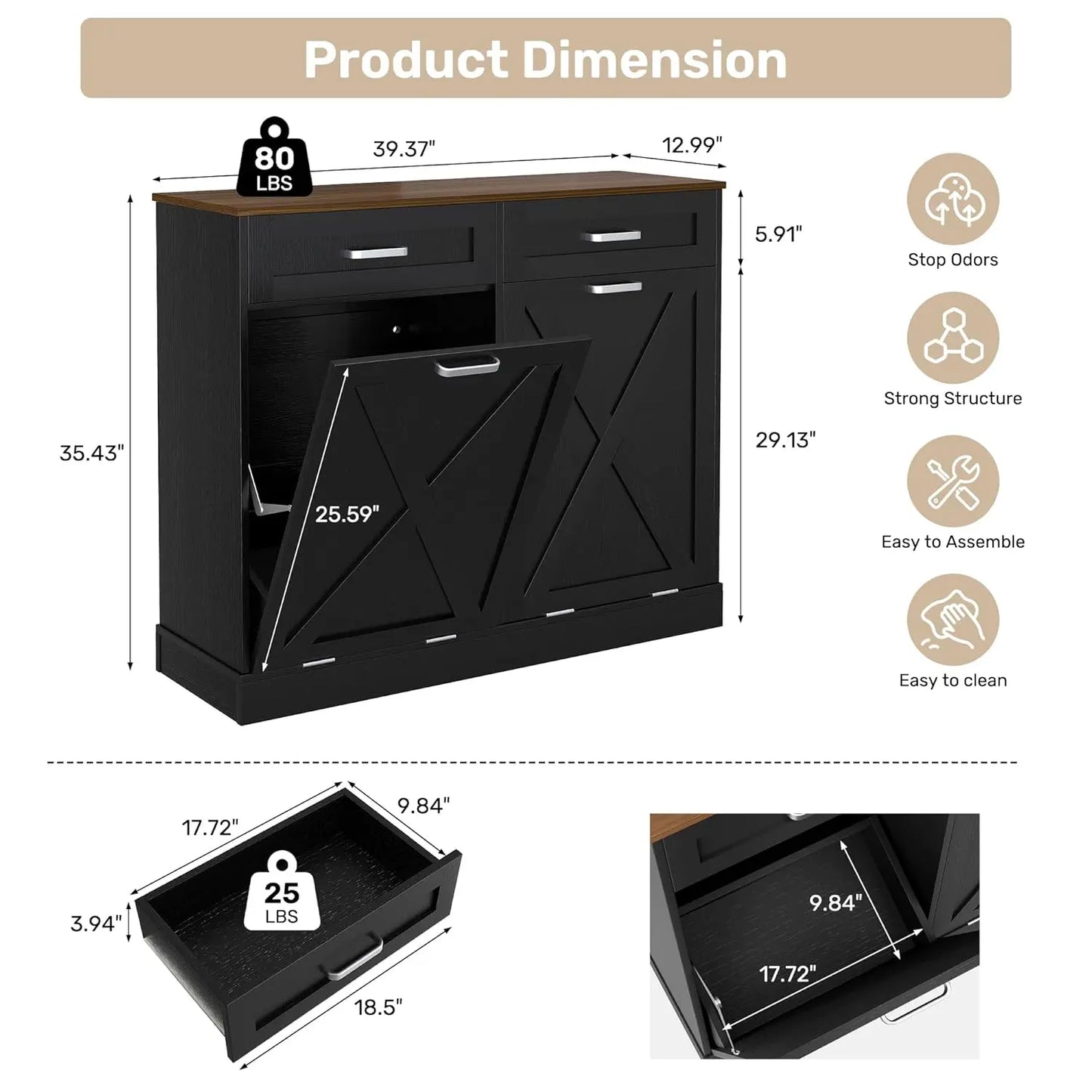 Double Tilt Out Trash Can Cabinet With Hidden Storage Drawers