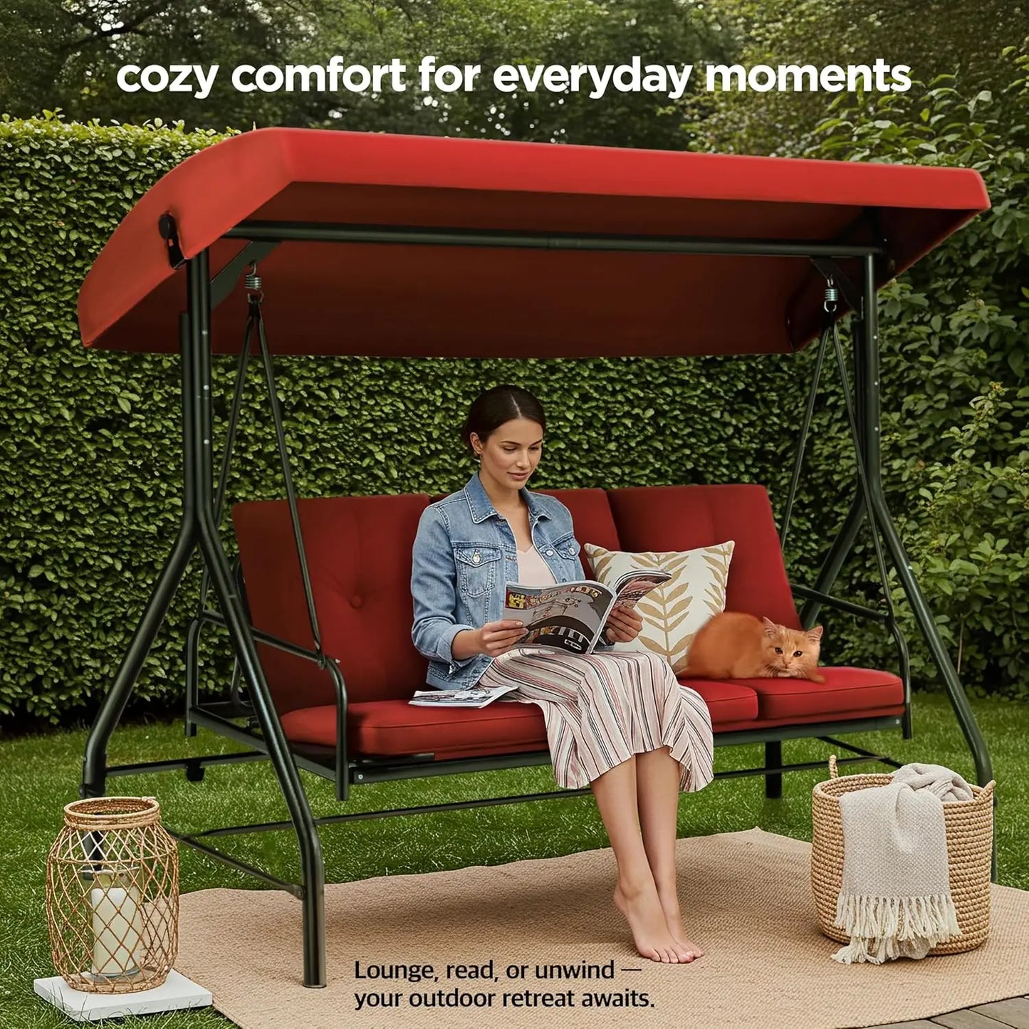Porch Swing 3-Seat Outdoor Patio Glider With Canopy And Cushions