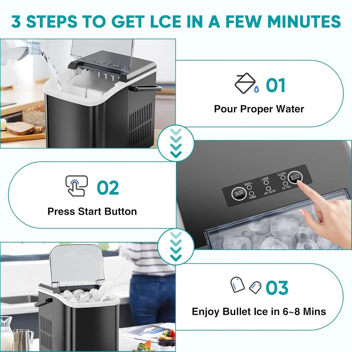 Portable Countertop Ice Maker Self Cleaning Quiet Bullet Ice Cubes 26 Lbs