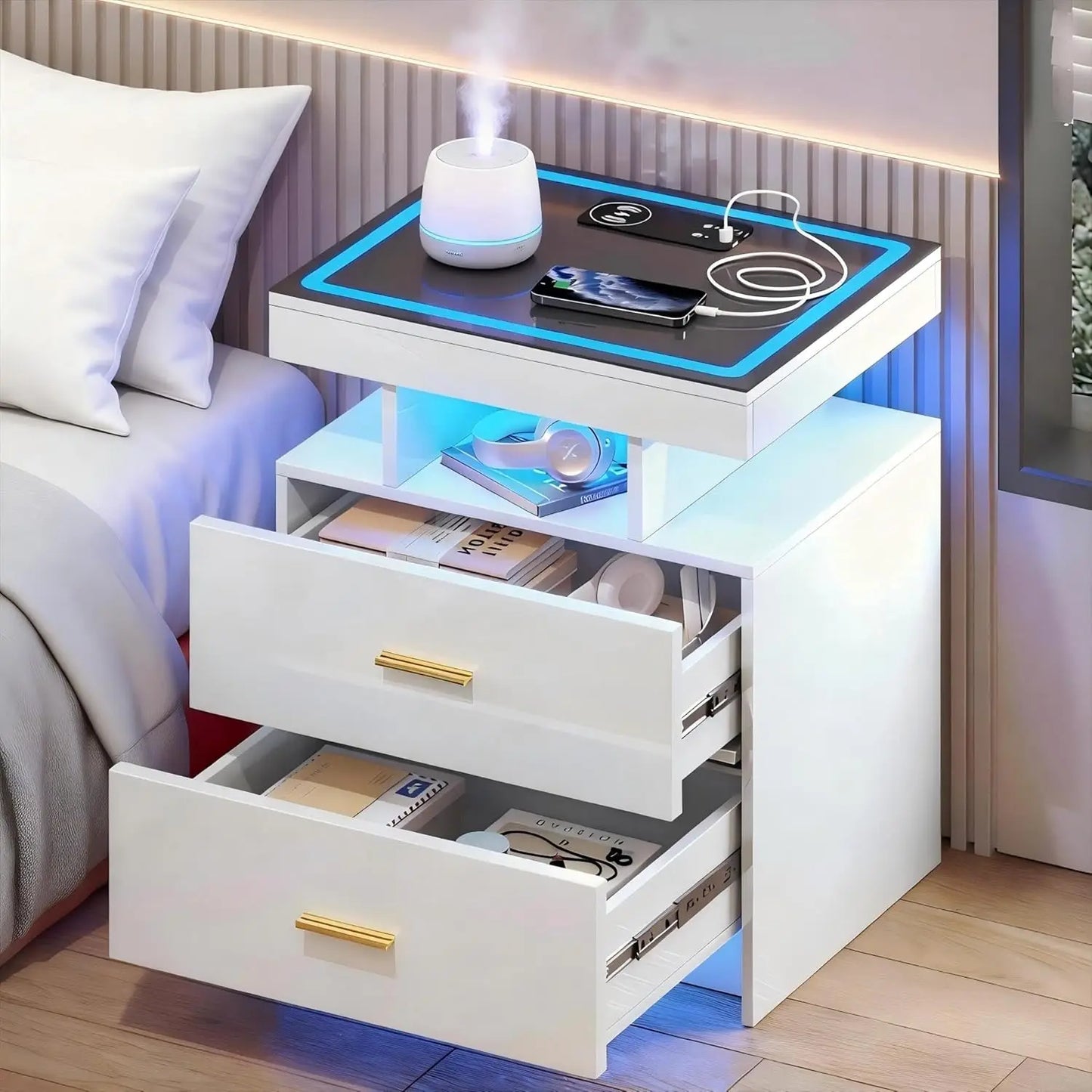 Nightstands Set With Wireless Charging Auto Sensor Led End Tables